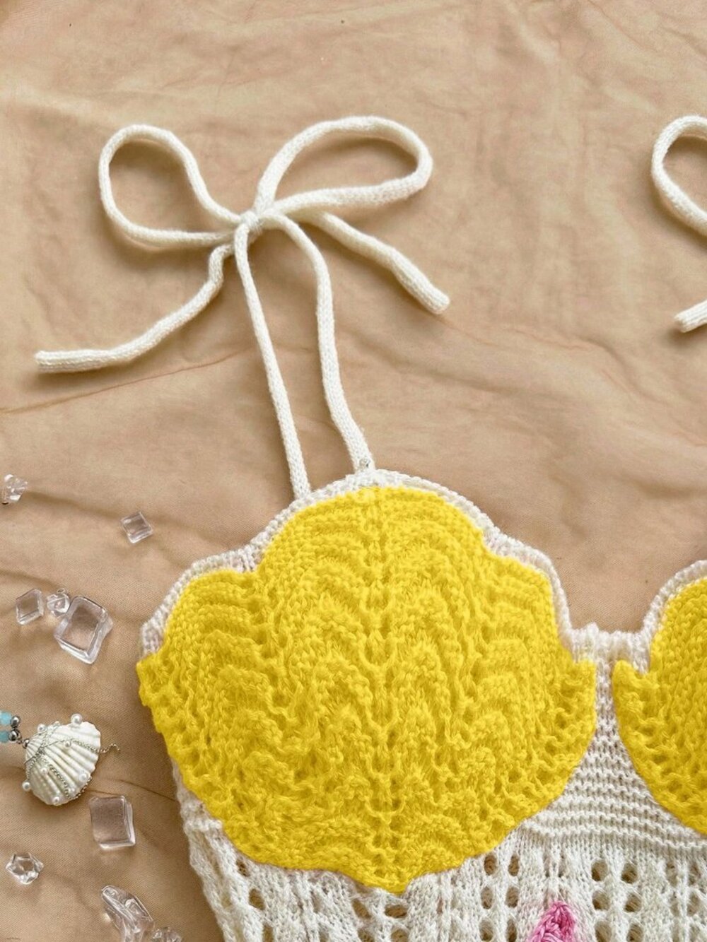 Yellow Casual Women's Cute Starfish Decor crochet Knit mini Dress - Picture 4 of 7